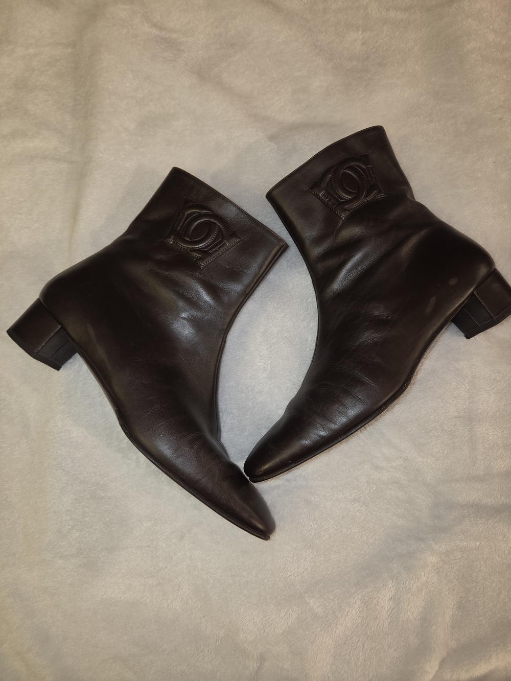 Salvatore Ferragamo Dark Brown Leather Pointed Ankle Boots with Embossed Logo